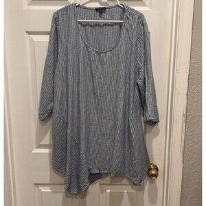 For Cynthia Blue White Vertical Striped‎ Linen Blend Lagenlook Tunic Top 2X